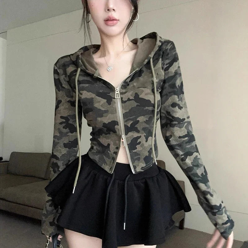 Women's Camo Hooded Crop Jacket – Zip Up Slim Fit Streetwear