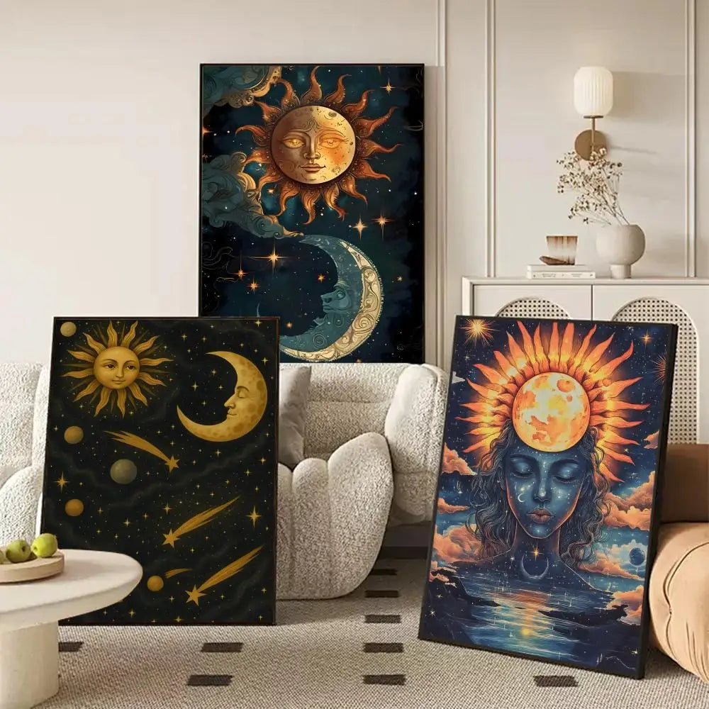 Sun Moon Elegant Canvas Wall Art – Vintage Floral Poster Print