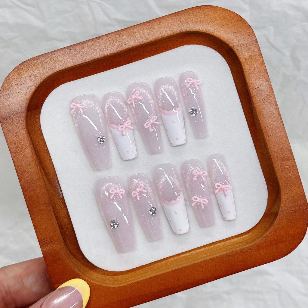 Long Ballet Press-On Nails Pink Bow Glitter French Cat Eye 10pcs
