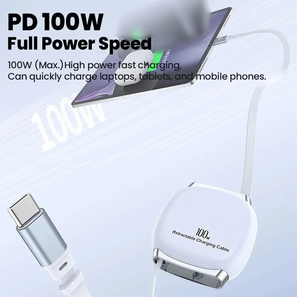 100W Retractable USB-C to USB-C Fast Charging Cable – 1M
