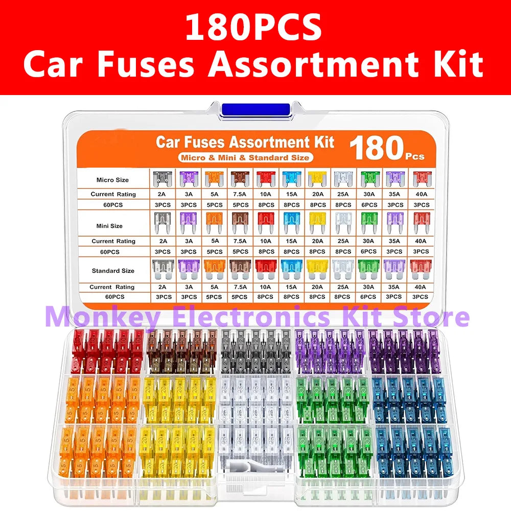 180PCS Car Fuse Assortment Kit – Mini, Standard & Micro Fuses