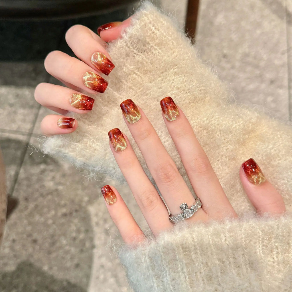 Glitter Gradient Red Cat Eye Press On Nails | Full Cover Set