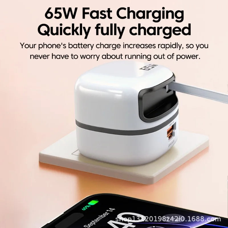 65W Foldable Wall Charger with Retractable Cable | Travel Adapter
