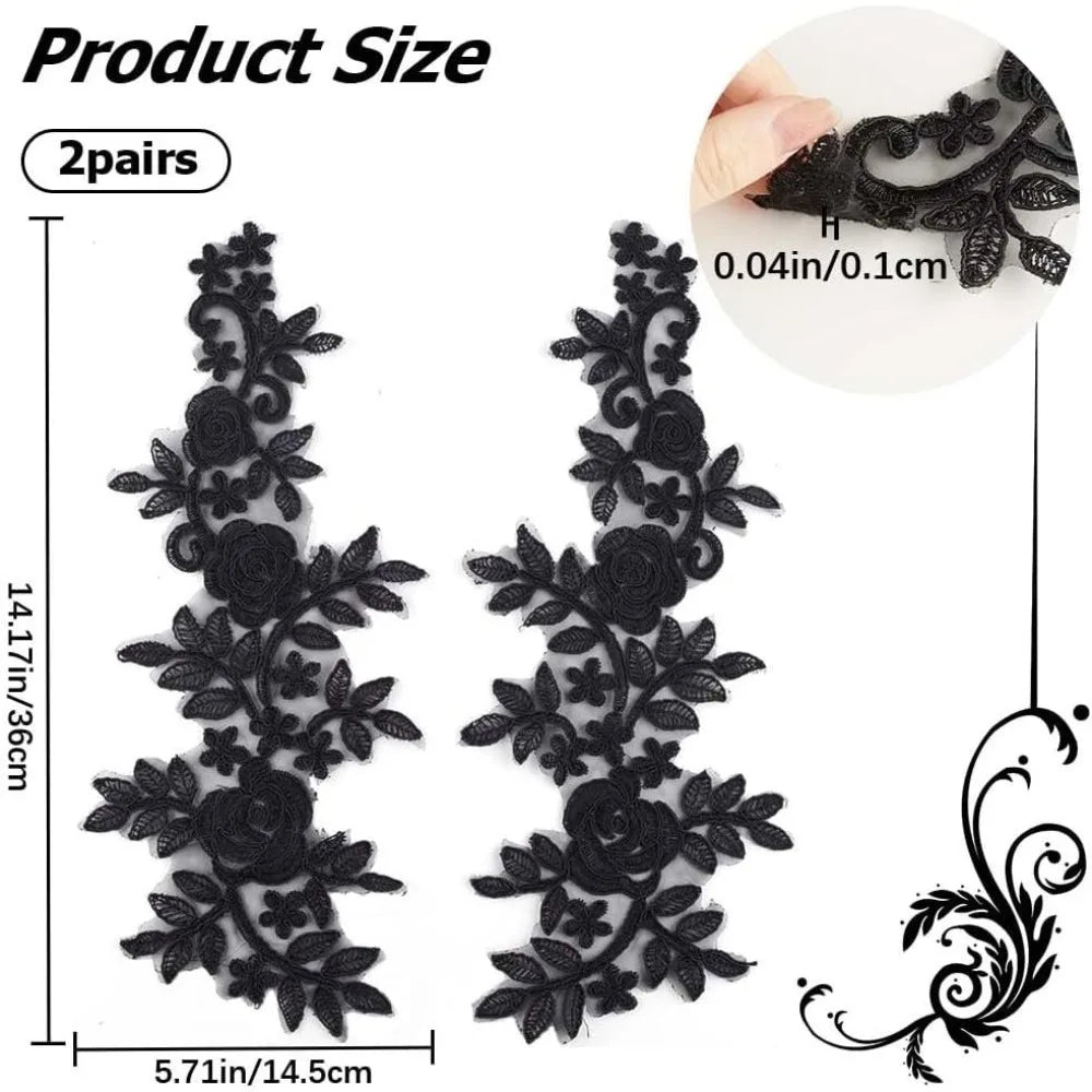 4Pcs Black Rose Lace Appliqué – Embroidered Sew-On Patches