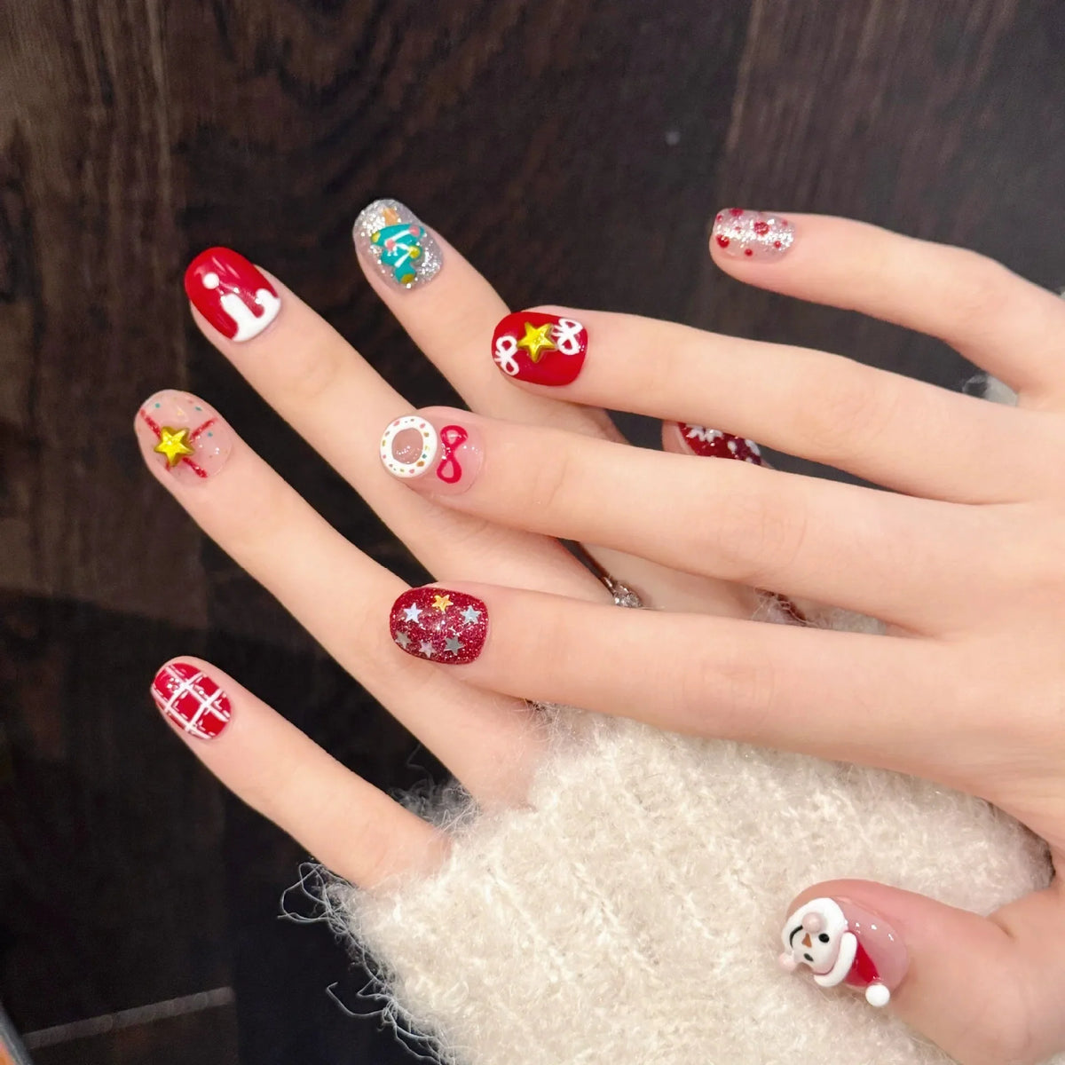 3D Christmas Press-On Nails | Glitter Stars French Tip – 10Pcs