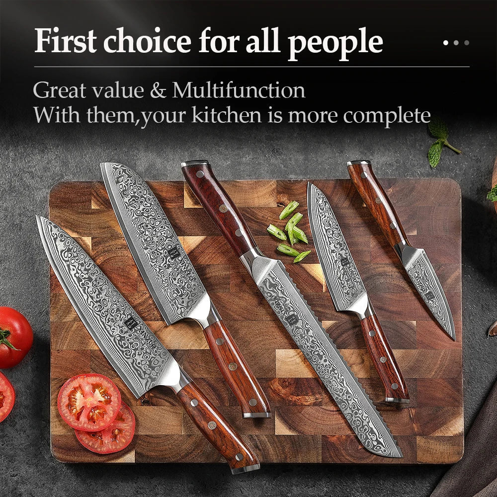 XINZUO 5-Piece Damascus Steel Knife Set | 67-Layer Rosewood