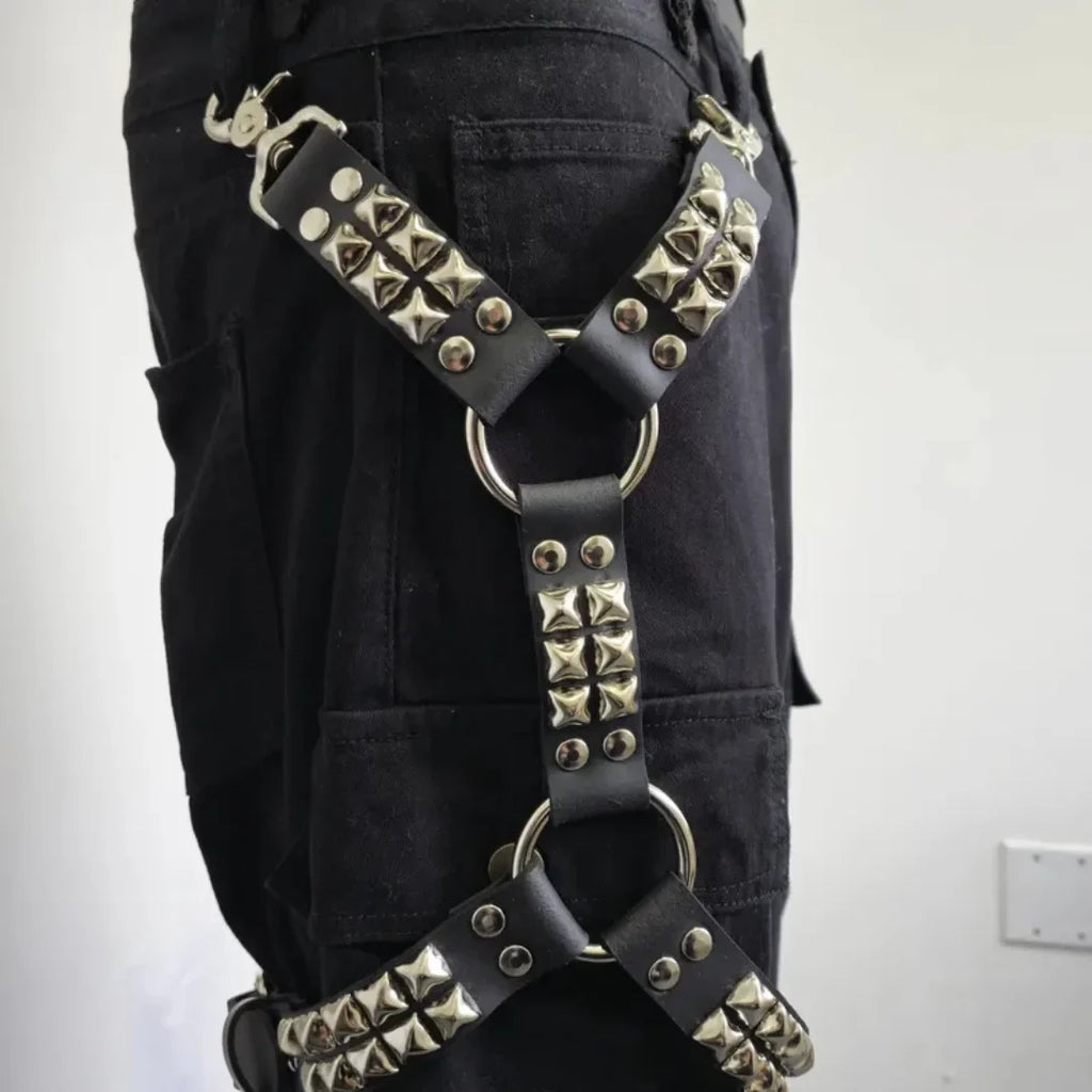 UYEE Gothic Leg Jeans Harness Black Hip Hop Strap Unisex PU Leather