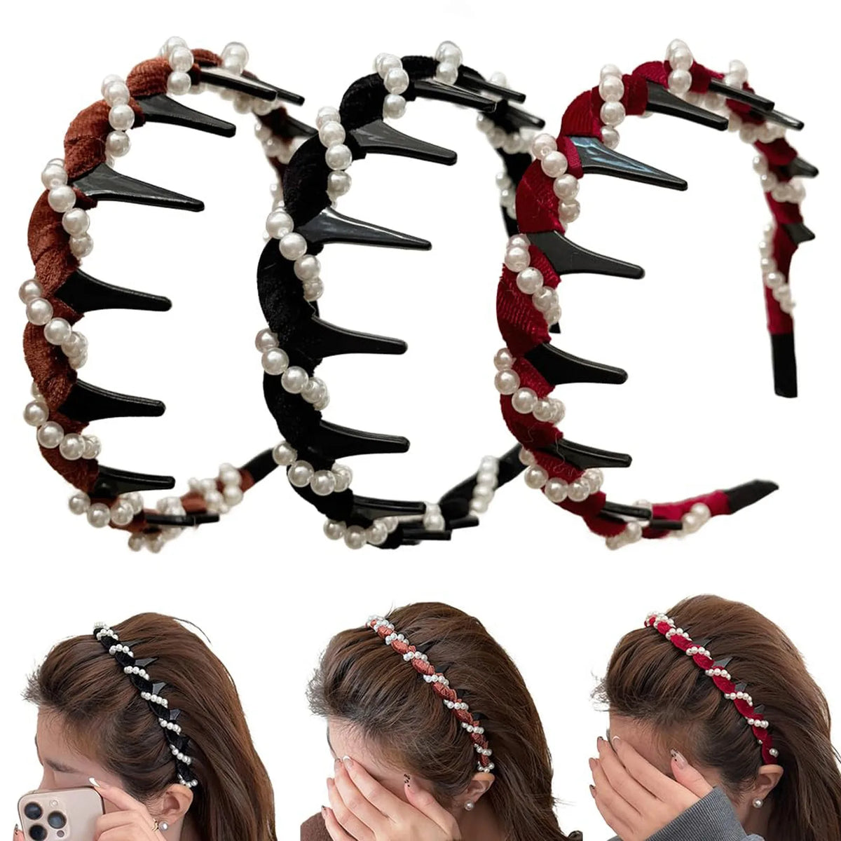 3-Pack Pearl Headbands for Women – Non-Slip Elegant Hair Hoops