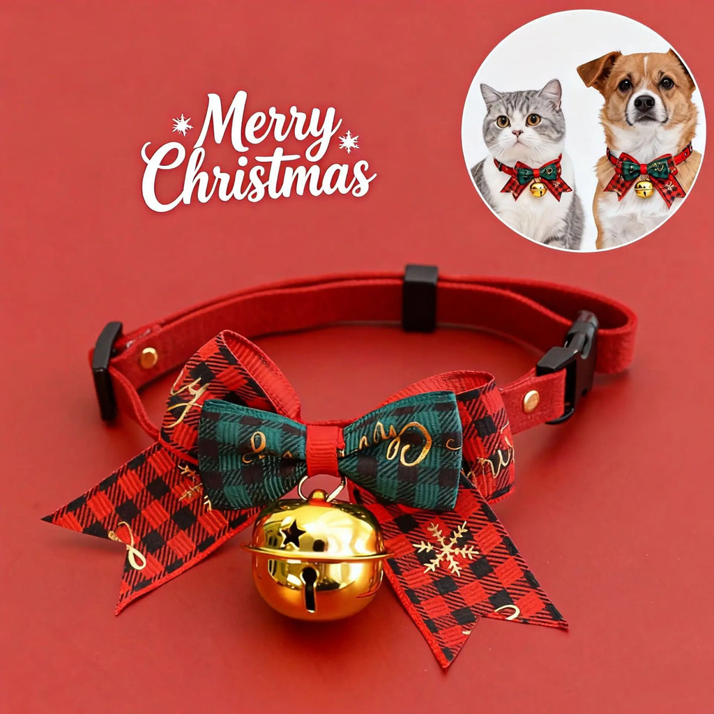 Christmas Pet Collar Bell Bow Red Green Themed Adjustable Dog Cat