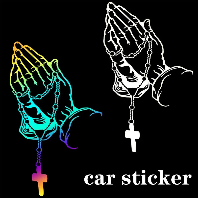 Praying Hands Rosary Car Sticker – Waterproof Religious Decal