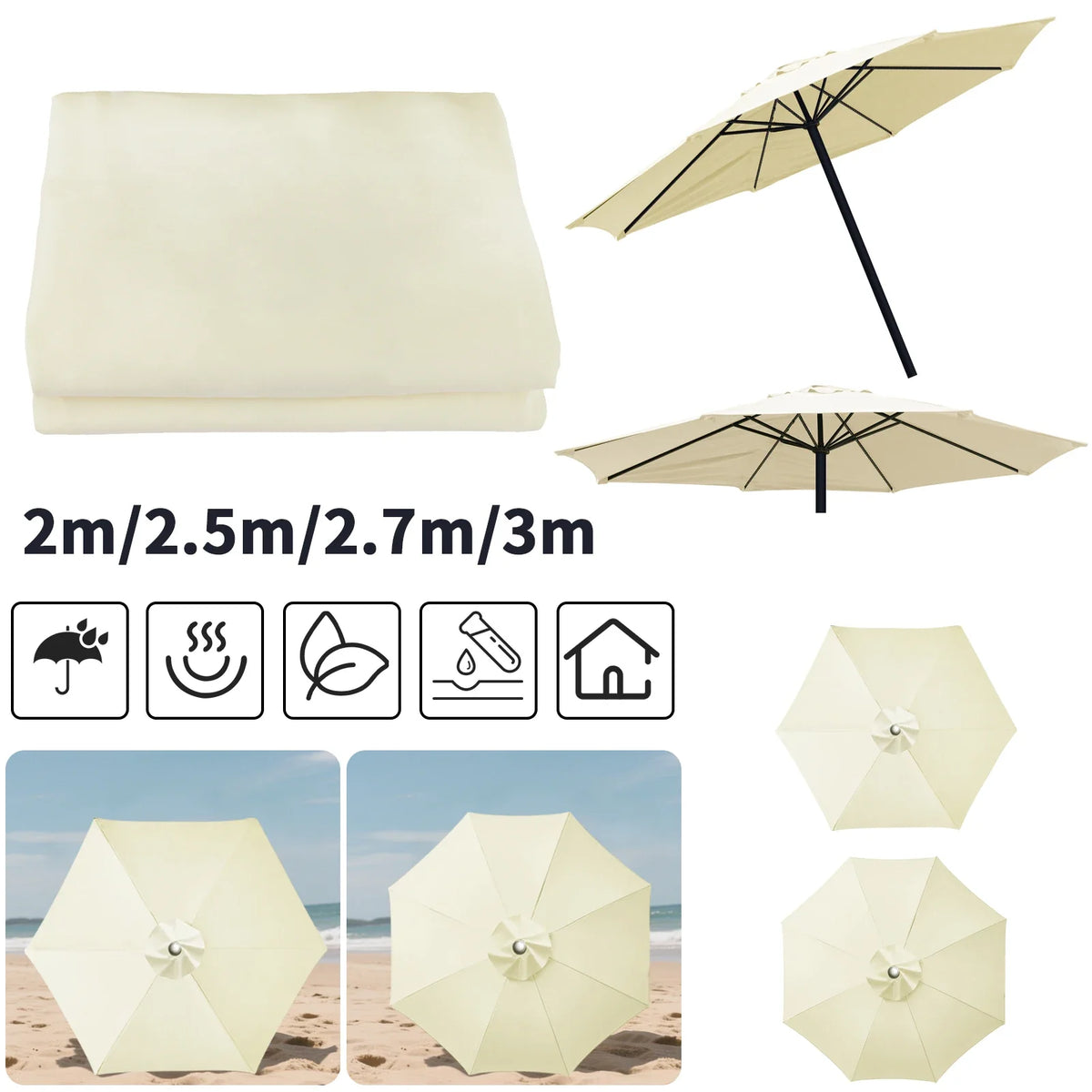 Waterproof Replacement Parasol Canopy 2–3M | 6 & 8 Rib