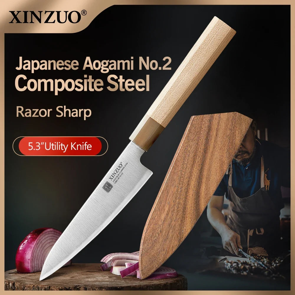 XINZUO 5.28" Aogami No.2 Steel Utility Knife – Maple Buffalo Horn