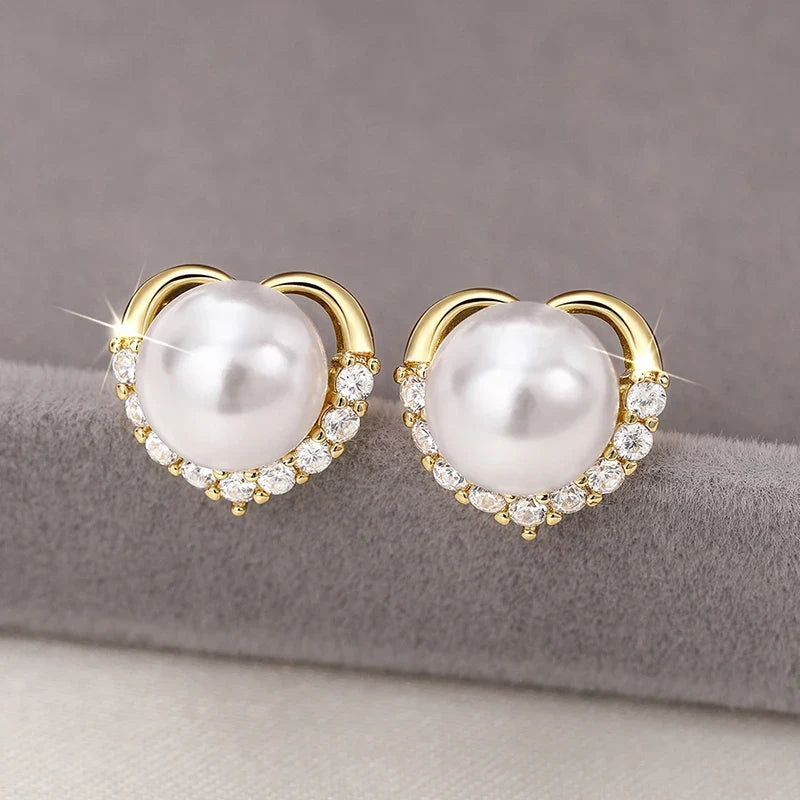 Huitan Heart Pearl Stud Earrings – Women's Trendy Fashion Jewelry