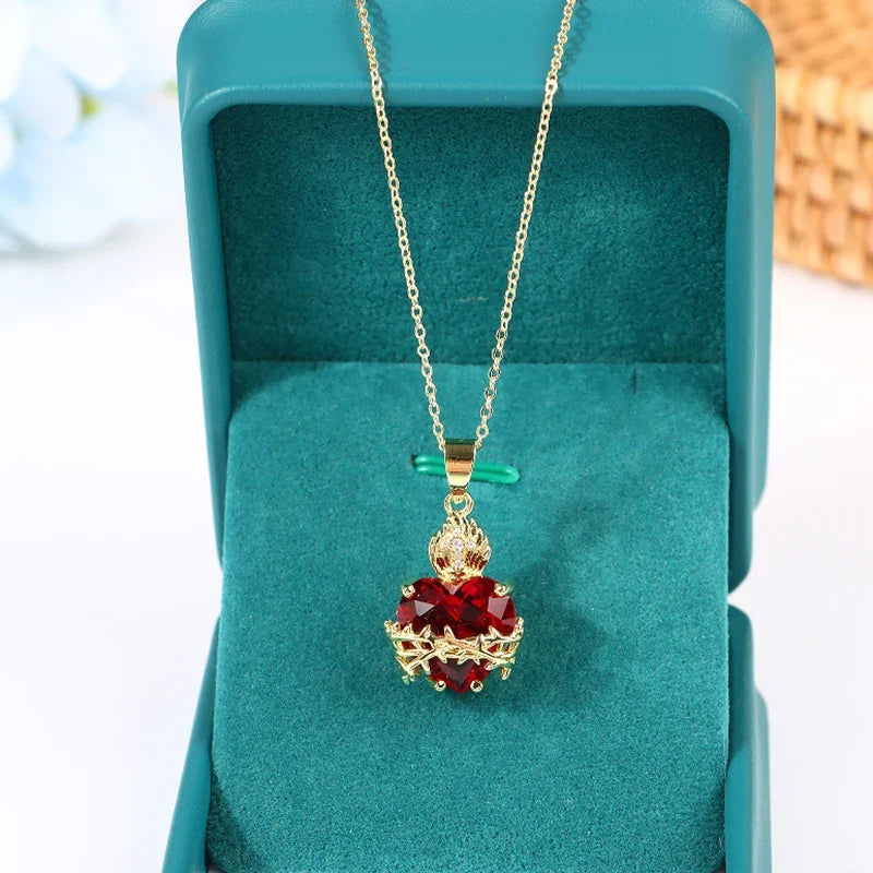 Jesus Cross Choker Necklace – Red Zircon Heart Pendant Women