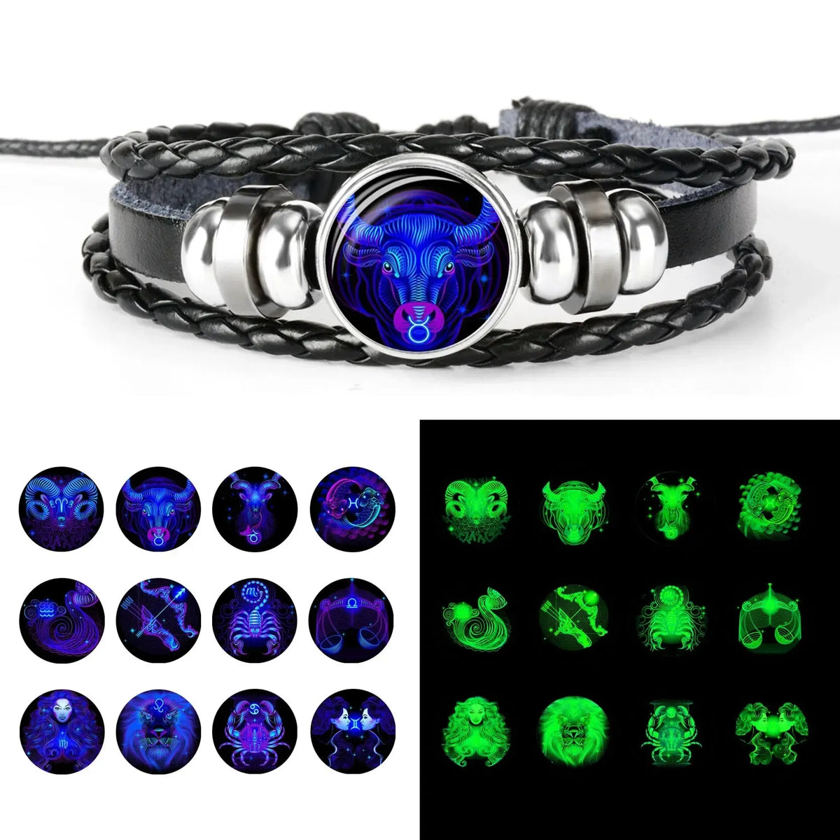 Zodiac Constellation Braided Leather Bracelet | Glass Dome Charm