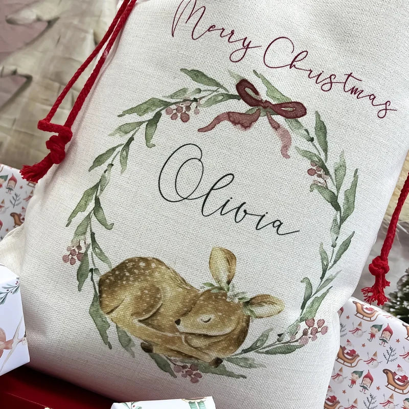 Personalised Baby 1st Christmas 2025 Woodland Deer Santa Sack