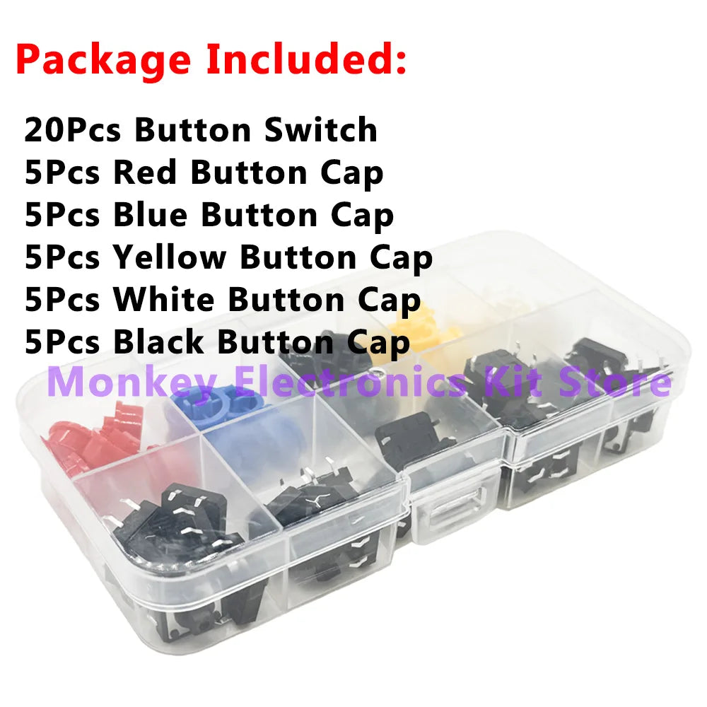 25PCS Tactile Push Button Switch Kit 12x12x7.3mm – 5 Colors