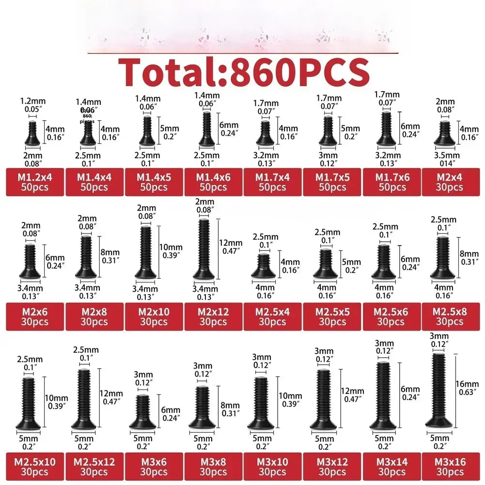 860PCS M1.2–M3 Black Countersunk Screws Kit | Carbon Steel Phillips