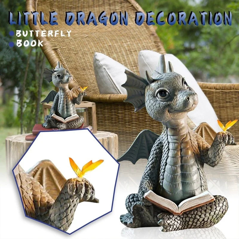 Cute Dragon Dinosaur Reading Book Resin Figurine Garden Decor
