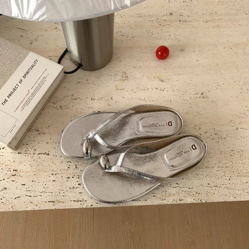 Women's Metal Clip Toe Slide Slippers | Square Heel Flip Flops
