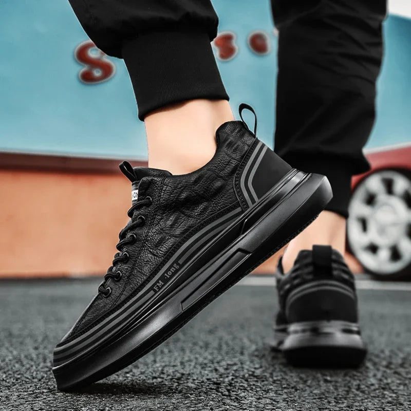 YBQJOO Men's Black Platform Sneakers – Casual Lace-Up Shoes