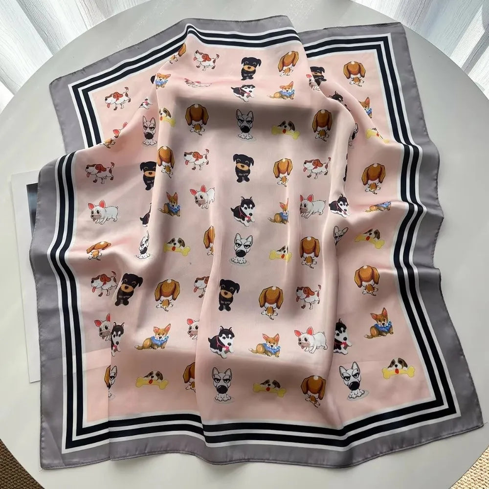 Women's 70x70cm Satin Square Scarf – Cute Dog Print Shawl