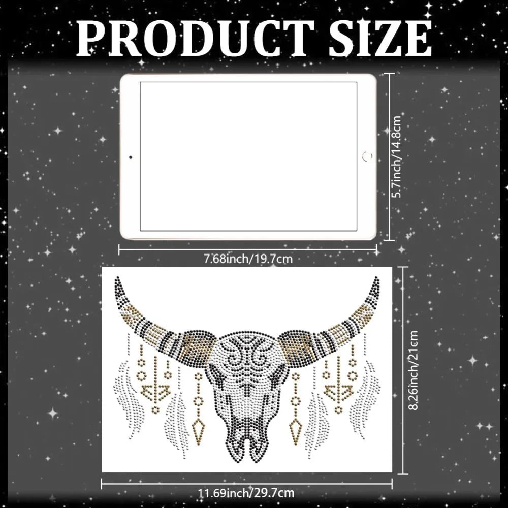 Rhinestone Iron-On Patch – Bohemian Cow Skull Appliqué 29.7x21cm