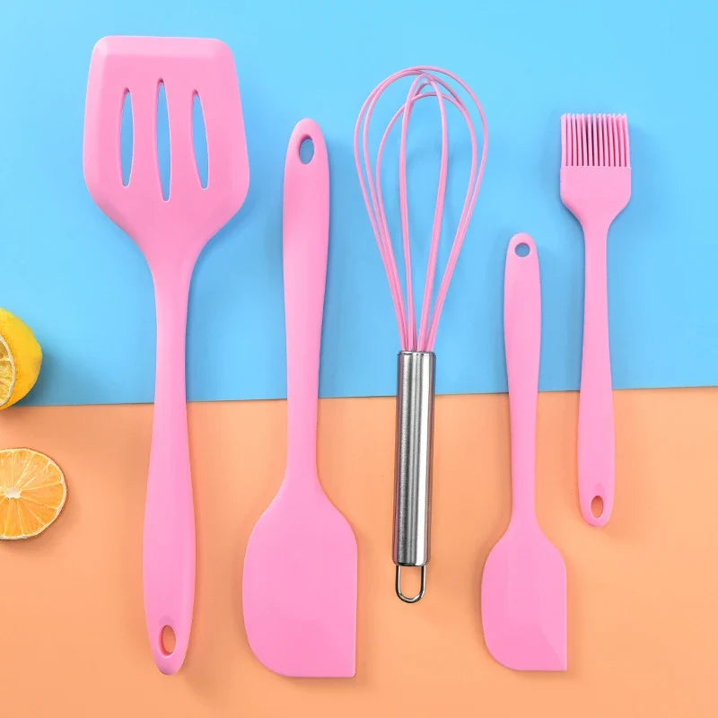 Silicone Cooking Utensils Set – Non-Stick Wooden Handle 5-Piece