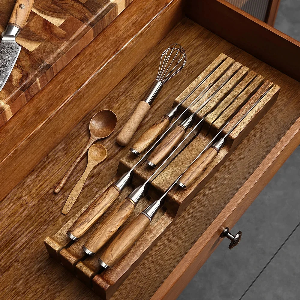 XINZUO 7-Slot Acacia Wood In-Drawer Knife Organizer Tray