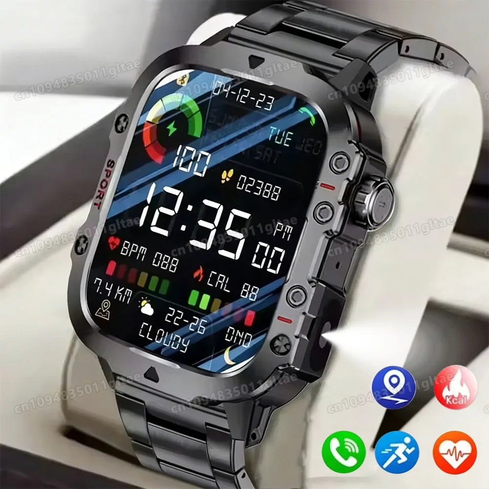 2026 Rugged Military Smart Watch Men's Outdoor LED Flashlight 2 01''