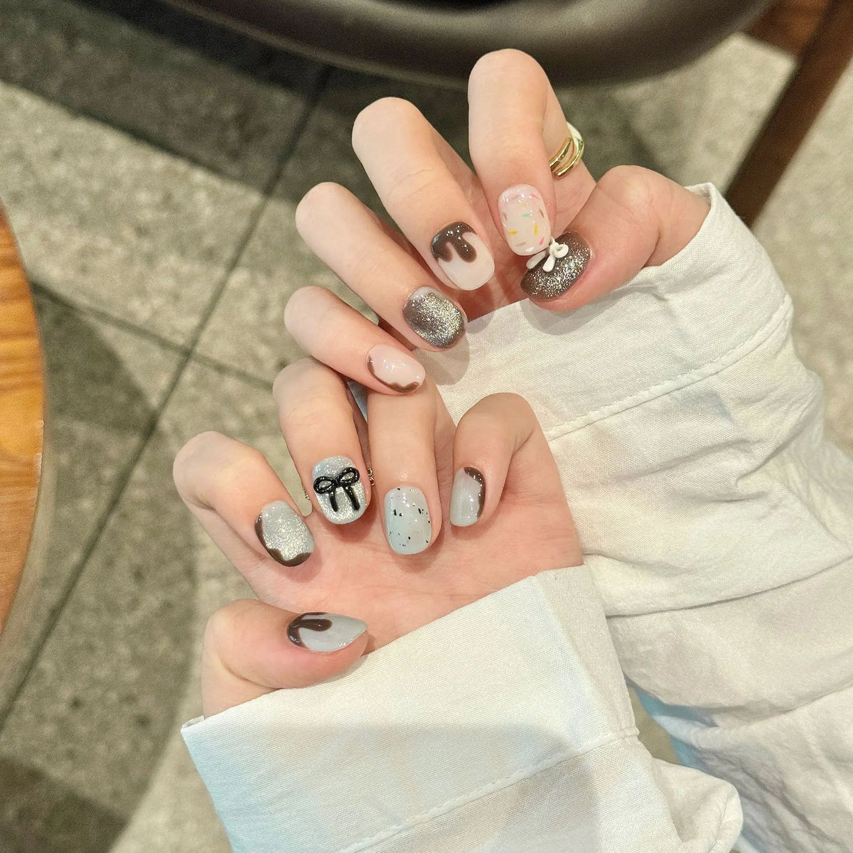 Handmade Press Nails White Black Bowknot French Fake Women Girl