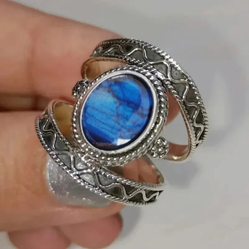Huitan Blue Cubic Zirconia Hollow-Out Ring for Women