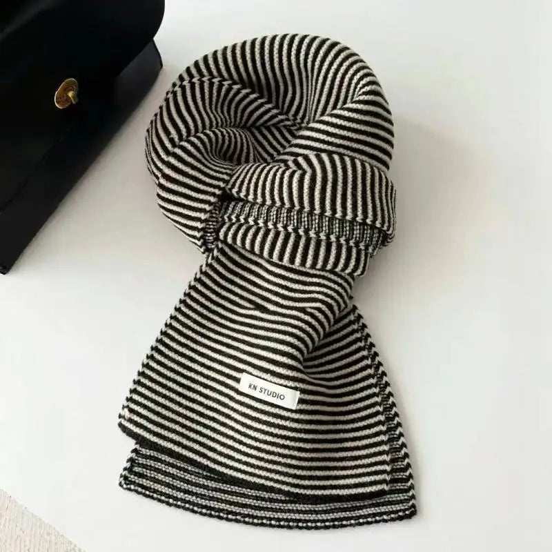 Black & White Striped Knit Scarf – Women's Winter Shawl Wrap