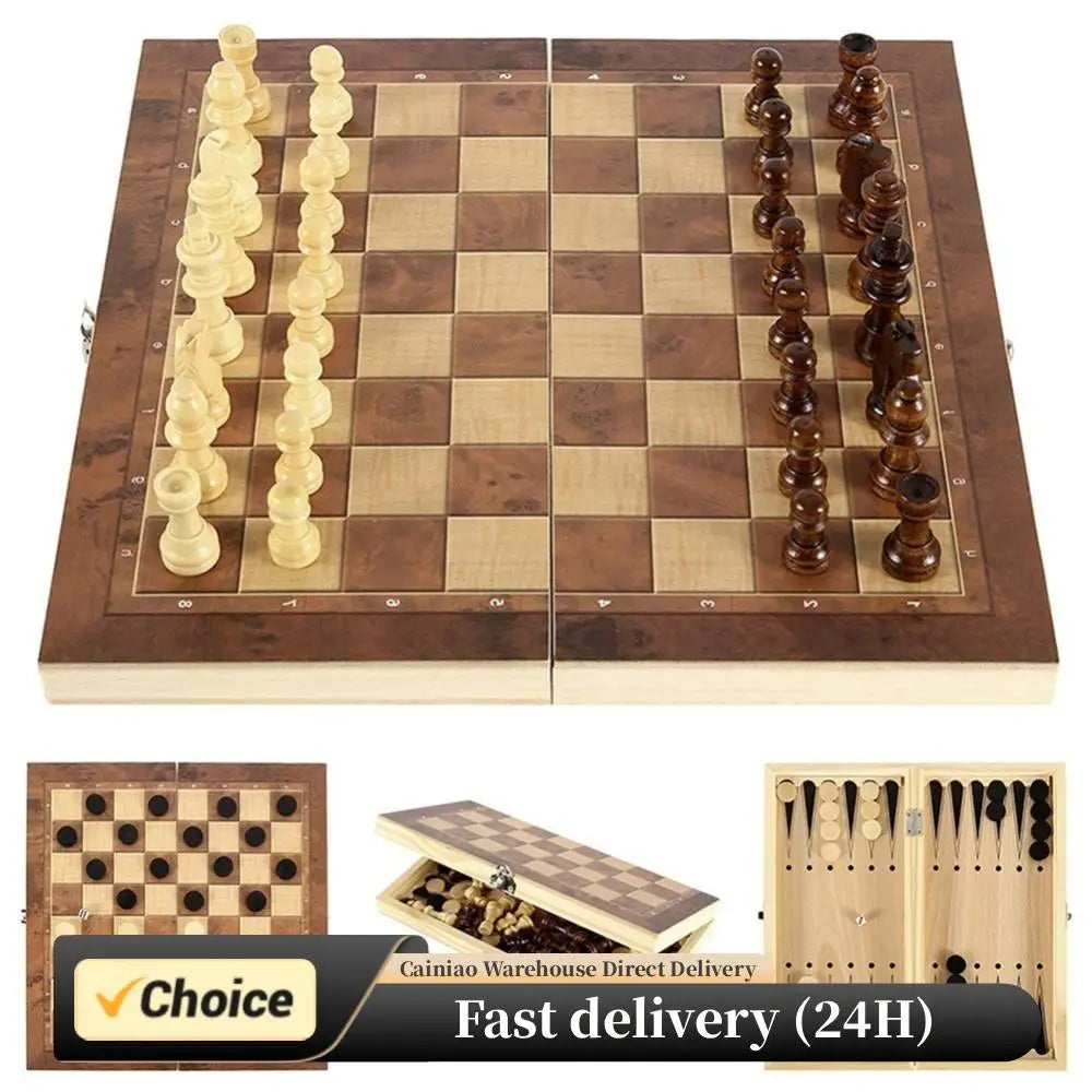 1 Chess Board Sets Folding Storage Wooden Travel Checkers Game