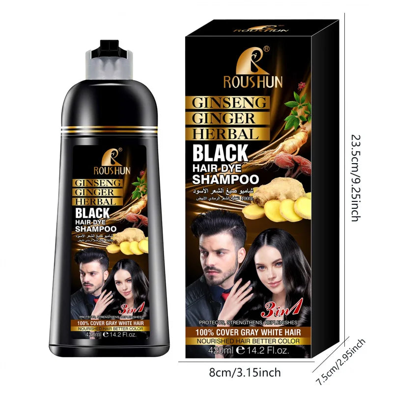 ROUSHUN Black Hair Dye Shampoo 420ml – Ginseng & Ginger 3-in-1