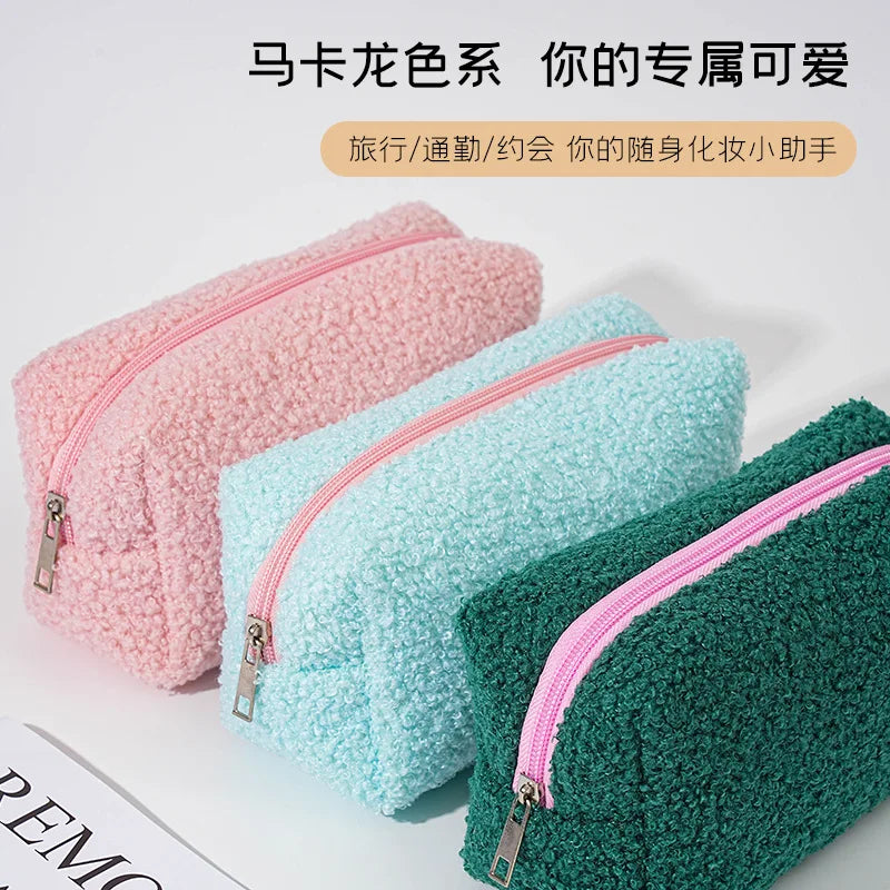 2026 Cute Zipper Plush Large Solid Cosmetic Bag Makeup Women Travel