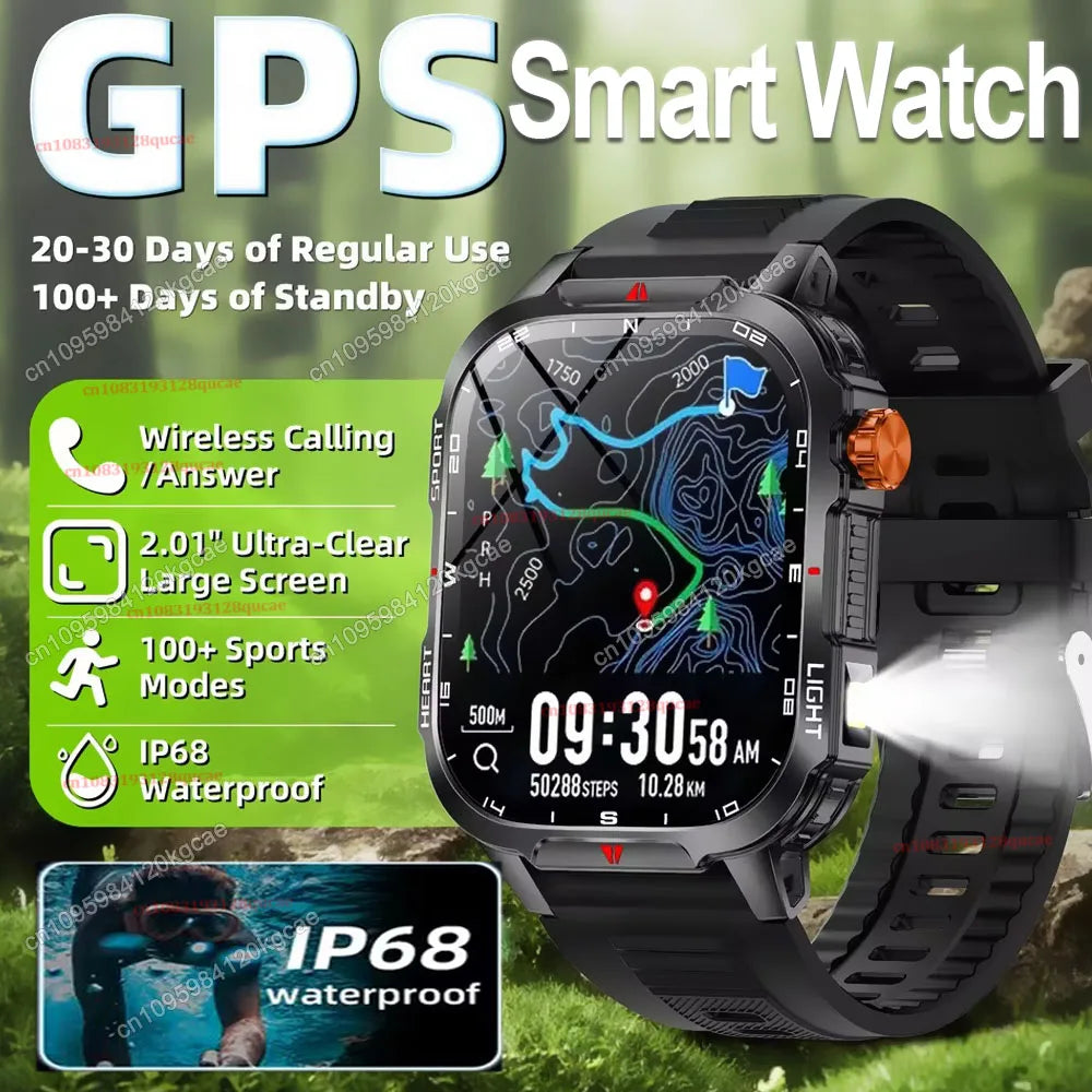 2026 Military-grade Smart Watch Men GPS Flashlight 3ATM Waterproof