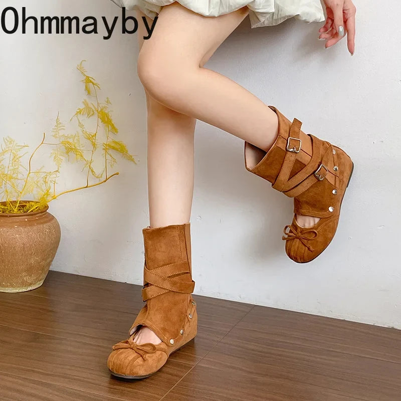 Women's Vintage Hollow-Out Wedge Boots – Multi Buckle Slip-On