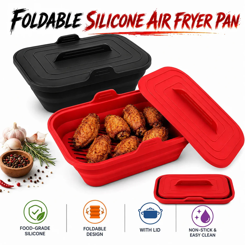 Foldable Silicone Air Fryer Basket with Lid | Reusable Baking Pan