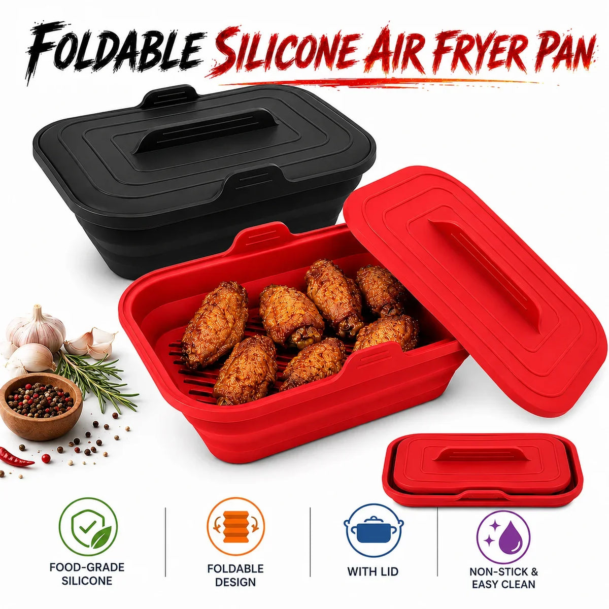 Foldable Silicone Air Fryer Basket with Lid | Reusable Baking Pan
