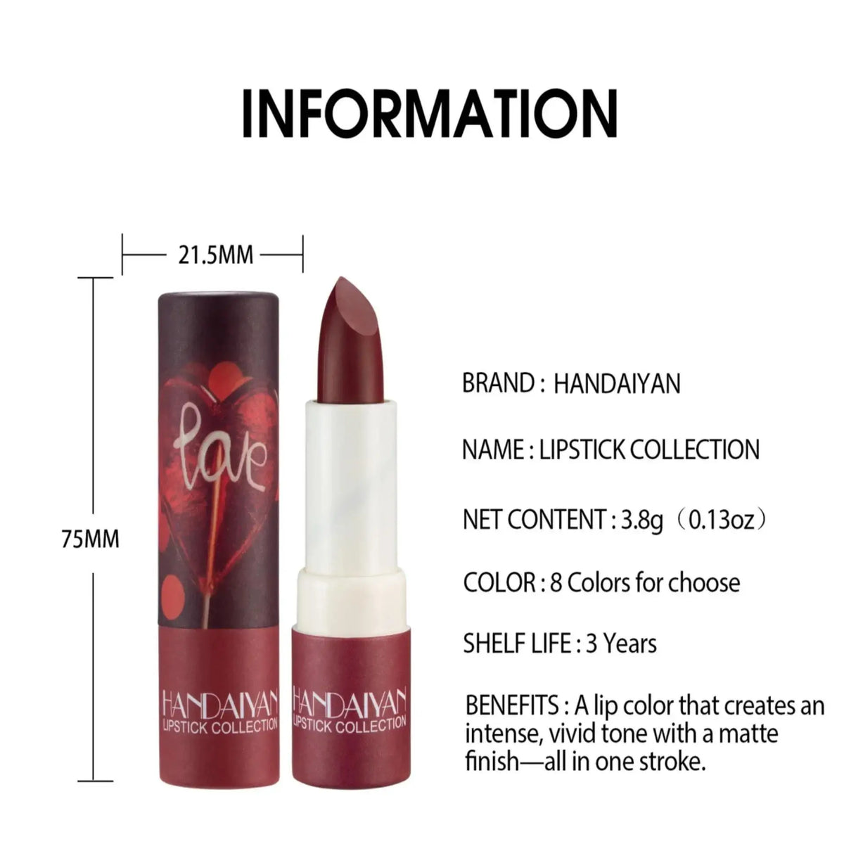 Handaiyan Velvet Matte Lipstick – 8 Shades, Waterproof & Moisturising