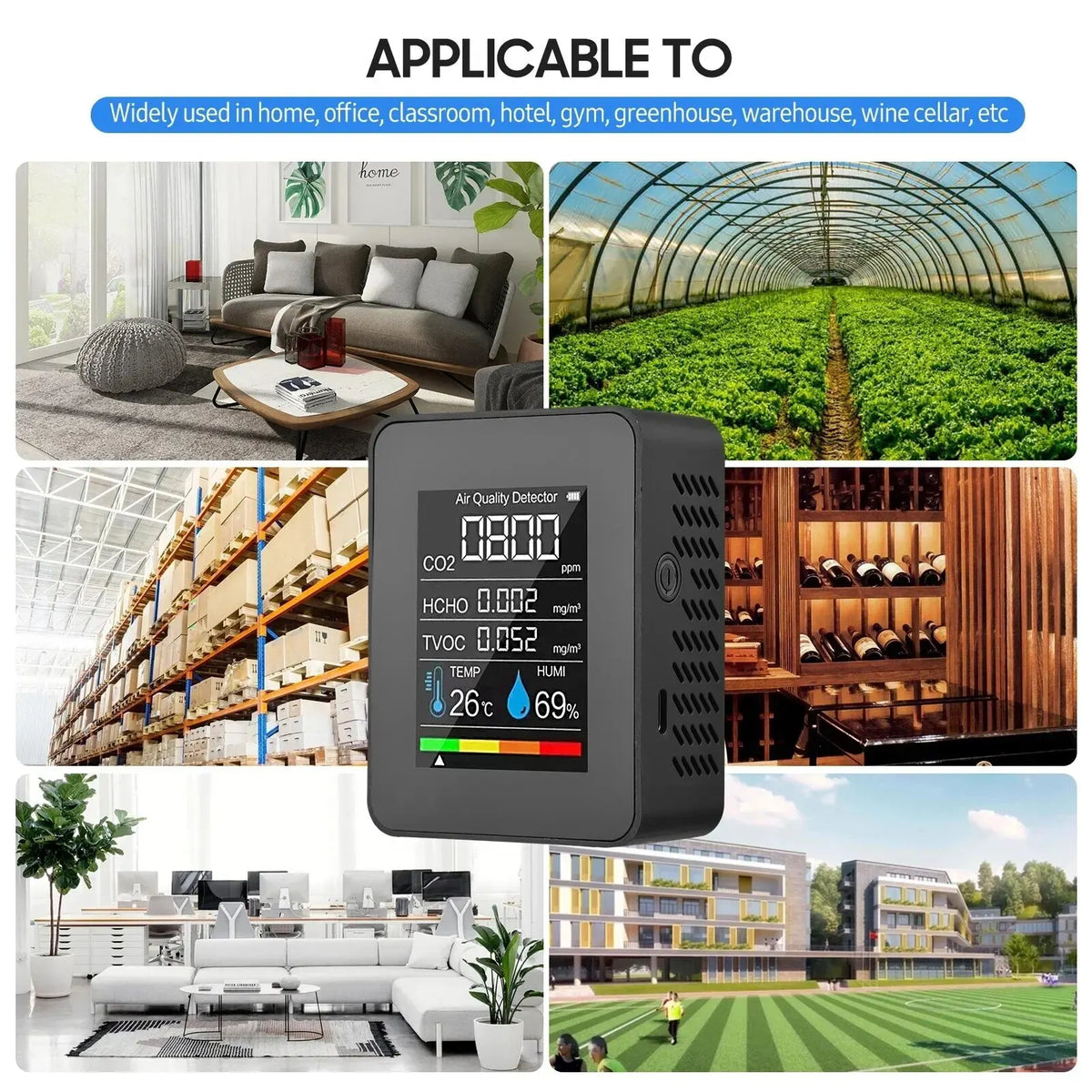 5-in-1 Air Quality Monitor: CO2, TVOC, HCHO, Temp & Humidity