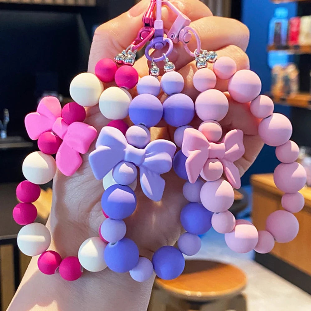 Pink Pearl Bow Keychain – Beaded Phone Charm & Bag Pendant
