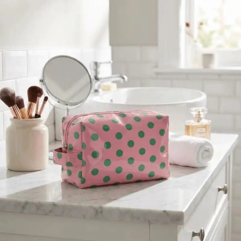 Polka Dot PVC Cosmetic Bag – Waterproof Travel Toiletry Organizer