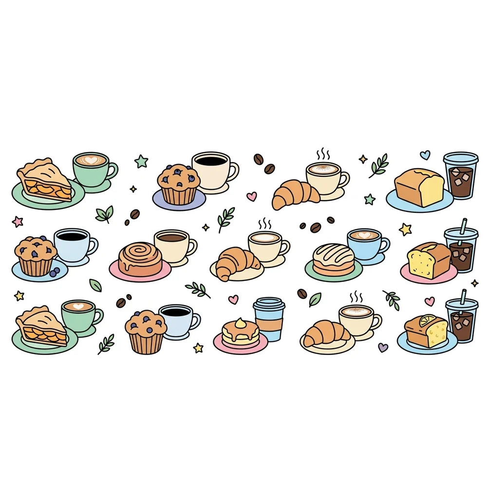 Coffee & Pastry UV Transfer Stickers – Waterproof Cartoon Decals