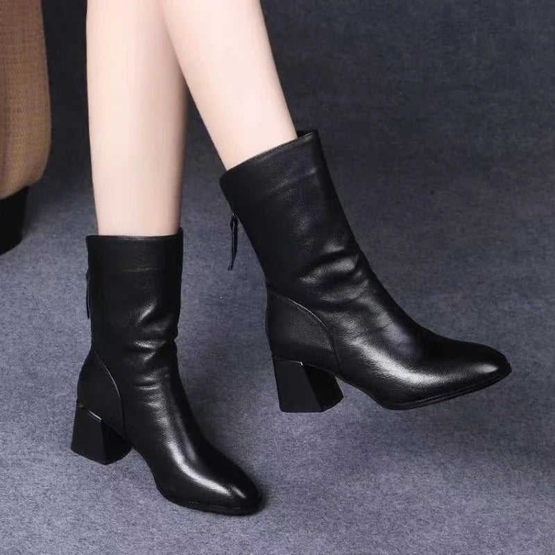 Women's Square Heel Ankle Boots – Anti-Slip PU Leather Zip Boot