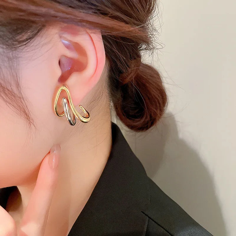 Huitan Two-Tone Metal Stud Earrings | Geometric Fashion Jewelry