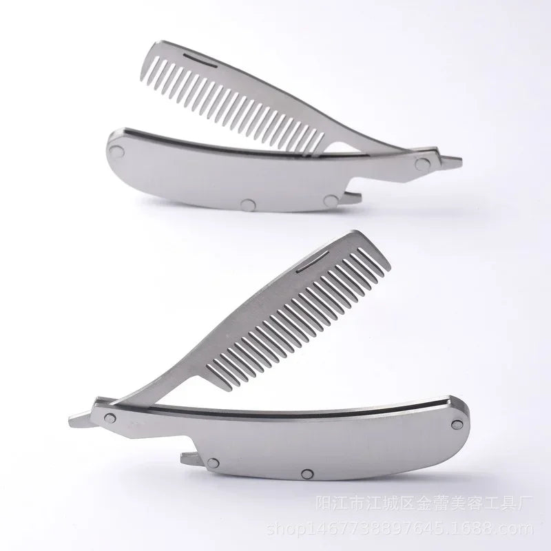 Men's Stainless Steel Folding Pocket Comb & Beard Set 2pcs