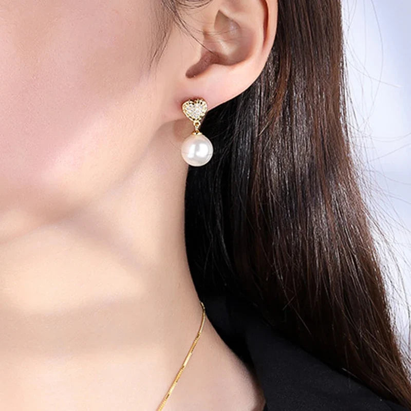 Huitan Pearl Drop Earrings – Heart Cubic Zirconia Women's Jewelry