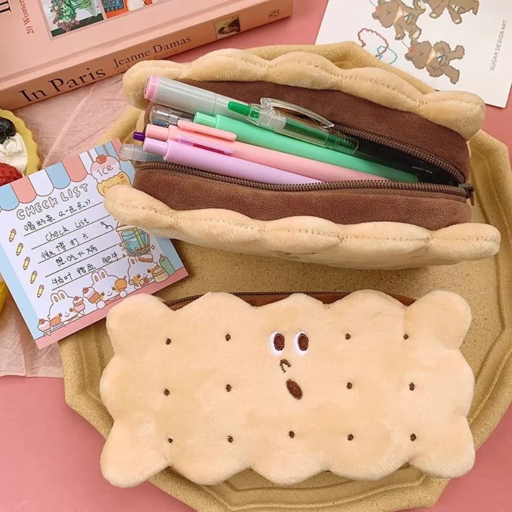 Kawaii Pencil Case Capacity Plush Cookies Pen Bags Cute Cartoon Brown